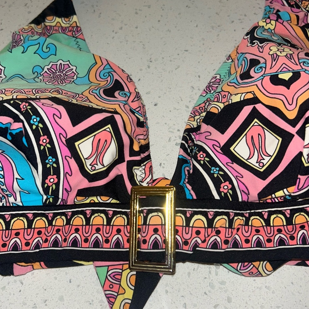 Trina Turk Printed Halter Bikini Top Buckle Front Retro Boho Swim D Cup - Picture 3 of 7